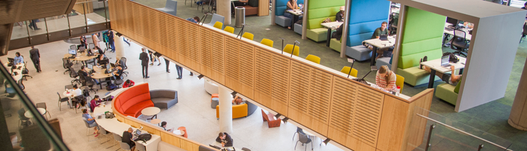 The Kingswood campus Library interior is shown with colourful couches and study booths. Students study in groups and individually.